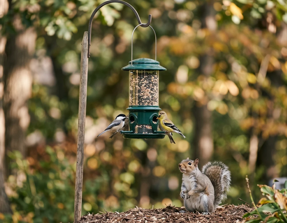 Birds on hanging tube feeder